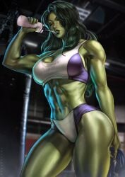 1girls abs artist_name big_breasts clothed curvaceous curvy_female curvy_figure dandon_fuga drinking drinking_water eyes_closed female female_only fingerless_gloves fit fit_female gloves green-skinned_female green_body green_hair green_skin gym high_resolution highres holding_object hulk_(series) large_breasts marvel marvel_comics muscles muscular muscular_female navel she-hulk solo solo_female sports_bikini sports_bra sports_panties thick_thighs very_high_resolution voluptuous voluptuous_female water water_bottle workout_clothes