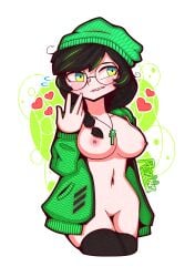 beanie black_hair breasts glasses hoodie lip_bite strifeyy