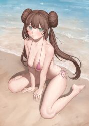 1girls areola_slip areolae areolae_peeking beach bikini blue_eyes breasts brown_hair female hair_bun hair_buns large_breasts light-skinned_female light_skin long_hair ni_(221) outside pinup pokemon pokemon_bw2 rosa_(pokemon) sand solo swimsuit tagme thighs