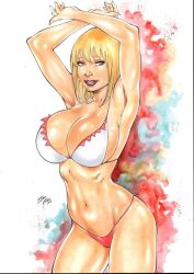 1girls big_breasts blonde_hair curvaceous curvy_body curvy_female curvy_figure dc dc_comics ed_benes_studio iago_maia justice_league justice_league_unlimited justice_society_of_america large_breasts looking_at_viewer milf power_girl red_thong short_hair signature solo_female superman_(series) tagme voluptuous voluptuous_female white_bra