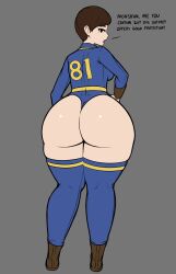 1girls ass ass_focus big_ass big_butt breasts brown_hair casual clothed clothing curie curie_(fallout_4) dialogue english_text fallout fallout_4 fat_ass female female_only fibilis footwear french_accent grey_background huge_ass human large_ass legwear leotard looking_at_viewer looking_back mob_face open_mouth pale_skin shoes short_hair simple_background solo solo_female talking_to_viewer text thick_thighs thighhighs vault_81 vault_suit very_short_hair voluptuous wide_hips