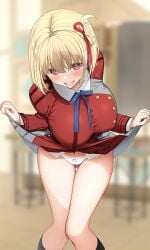 1girls 2022 asahina_hikage blonde_hair breasts chisato's_thighs female female_only hair_ornament hips huge_breasts light-skinned_female light_skin lycoris_recoil medium_hair nishikigi_chisato panties red_eyes ribbon ribbon_in_hair skirt_lift slim_waist thick_thighs thighs uniform white_panties wide_hips