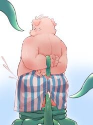 2022 anthro blush bodily_fluids bound closed_eyes clothing cum domestic_pig ejaculation genital_fluids hi_res kemono male male_only mammal overweight overweight_male simple_background solo suid suina sus_(pig) tentacle tentacles_in_ass underwear yimingsama