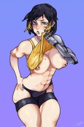 1girls abs areolae black_hair blue_background blue_eyes breasts bruhegao female female_only hi_res legs_together looking_at_viewer medium_hair nipple_piercing nipples robotic_arm solo solo_female tank_top tank_top_lift thick_thighs toned toned_female wiping_sweat wiping_with_shirt yellow_highlights