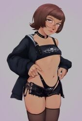 1girls collar female female_only glasses goth lex_(niceupdog) niceupdog omega_haunter piercing revealing_clothes scantily_clad short_hair small_breasts tagme thighhighs thong thong_above_skirt thong_straps