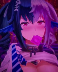 1girls black_hair blush blushing_at_viewer chained_collar cleavage collar color colored condom_in_mouth dimmed_lights ear edit edited eyebrows_visible_through_hair eyelashes female female_only hair hair_between_eyes hair_ornament hair_ribbon light-skinned_female light_skin looking_at_viewer mermaid multicolored_hair murmaider murmaider_ necklace object_in_mouth pulling_tie purple_light red_eyes shawl split-color_hair suggestive suggestive_look twin_drills twitch twitch.tv virtual_youtuber vtuber white_hair