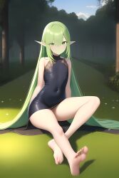 3:4 absurd_res absurdly_long_hair absurdres ai_generated arms_behind belly_button_visible_through_clothing bush clouds crossed_legs curvy detailed detailed_background detailed_shading elf elf_ears elf_female feet flat_chest flower flowers garden green_eyes green_hair hi_res long_dress long_hair long_legs looking_at_viewer nai_diffusion outdoors sitting sitting_on_grass small_breasts stable_diffusion thin_legs thin_waist tight_clothing tight_dress toes toes_spread trees