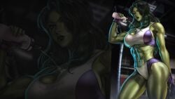 1girls abs big_breasts clothed curvaceous curvy_female curvy_figure dandon_fuga female female_only fingerless_gloves fit fit_female gloves green-skinned_female green_body green_hair green_skin gym holding_object hulk_(series) large_breasts marvel marvel_comics muscles muscular muscular_female navel pouring_on_breasts pouring_on_self pouring_onto_self she-hulk solo solo_female sports_bikini sports_bra sports_panties thick_thighs voluptuous voluptuous_female wallpaper water water_bottle wet workout_clothes