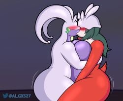 age_difference al_gx anthro big_breasts brainwashing breast_squish breasts chubby_female clothing dialogue duo friends goodra hat headgear headwear hug huge_breasts hypnosis hypnotic_clothing kissing latias lyra_the_latias_(leviathin1) milf mind_control nintendo older_female opal_(al_gx) parasite pokemon pokemon_(species) pokemorph purple_body red_body sex squish text video_games yuri