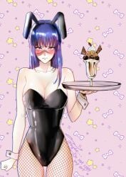 1girls bare_shoulders blush bunny_ears bunny_girl bunnysuit busty cleavage embarrassed female female_only fishnets food jujutsu_kaisen leotard scar_on_face serving_tray solo strapless_leotard sweets tight_clothing utahime_iori