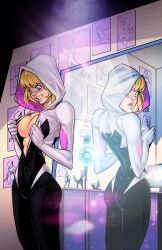 1girls admiring_self breasts clothing female female_only garthft gwen_stacy high_resolution marvel marvel_comics nipples open_bodysuit solo spider-gwen spider-man_(series) tagme temporalwolf