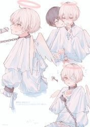 2boys absurdres angel angel_wings bar_censor black_hair blue_eyes blush censored chains chastity chastity_cage collar cuffs gay halo handcuffs highres homosexual_male key kinda_gay leash loli long_sleeves looking_at_viewer male_focus male_only multiple_boys niufog original penis pink_eyes pink_hair shirt short_hair shota sounding sounding_rod underage urethral_insertion white_background white_shirt wings yaoi