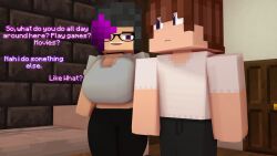 1boy 1girls 3d bed bedroom big_breasts brown_hair clothed_female clothed_male extrafruitygirl glasses mine-imator minecraft multicolored_hair olivia_(olivialewdz) open_mouth outside purple_eyes smile tagme text veggie_(extrafruitygirl)