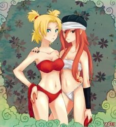 2022 2girls bandaged_chest bandages blonde_hair bra breasts brown_eyes chest_wraps female female_only fundoshi hand_on_shoulder hand_on_waist holding_partner long_hair looking_at_viewer midriff multiple_girls naruto naruto_(classic) naruto_(series) naruto_shippuden panties petite quad_tails red_hair shounen_jump strapless strapless_bra take_your_pick tayuya teal_eyes temari tied_hair underwear very_long_hair yufei yuri