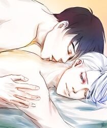 2boys bed closed_eyes gay katsuki_yuuri kiss_on_neck laying_down neck_massage viktor_nikiforov yaoi yuri!!!_on_ice