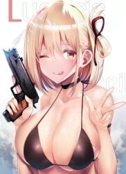 1girls big_breasts bikini blonde_hair bust_portrait choker female_only gun large_breasts licking_lips lycoris_recoil navy_series nishikigi_chisato pistol shiny_hair shiny_skin short_hair smile solo solo_female swimsuit trigger_discipline v_sign weapon wink