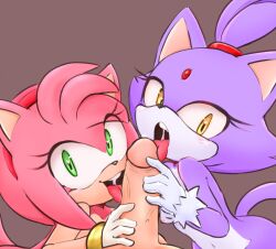 2girls amy_rose blaze_the_cat color_edit completely_nude completely_nude_female cute furry hand_on_penis human_on_anthro licking_penis licking_tip looking_at_viewer male_human/female_anthro male_on_anthro nude nude_female penilingus penis roundpeach sonic_(series) sonic_the_hedgehog_(series) teenage_girl teenager tenshigarden tongue unseen_male_face veiny_penis young