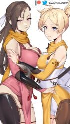 2girls alternate_costume alternate_hairstyle asymmetrical_docking bare_thighs blonde_hair blue_eyes braid breast_press breasts brown_hair cleavage commentary cowboy_shot crown_braid damodar detached_sleeves english_commentary female female_only fire_emblem fire_emblem_awakening fire_emblem_fates grin highres inner_thighs japanese_clothes kagero_(fire_emblem) kimono large_breasts lissa_(fire_emblem) long_hair looking_at_viewer medium_breasts multiple_girls nintendo obi parted_lips pelvic_curtain pink_eyes pink_kimono purple_eyes sash scarf shorts simple_background sleeveless sleeveless_kimono smile standing thighs twintails very_long_hair white_background white_sash white_shorts yellow_kimono yellow_scarf yuri