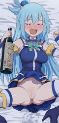 1girls aqua_(konosuba) bed blue_hair blush bottle breasts censor_bar censored closed_eyes female female_only happy kono_subarashii_sekai_ni_shukufuku_wo! long_hair on_bed pussy sake_bottle seidenki sleeping solo solo_female