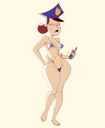 1girls bikini breasts brown_hair cartoon_network come_one_kamal digital_media_(artwork) female fhfif_cop foster's_home_for_imaginary_friends hair half-closed_eyes holding lips nipple_bulge officer_jones police police_hat policewoman solo thick_thighs wide_hips