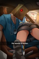 2boys ass backsack balls big_ass bigpain bridget butt compression_shorts english_text eye_contact faust_(guilty_gear) femboy fully_clothed guilty_gear guilty_gear_strive he_wants_to_order hoodie looking_at_viewer male male_only meme minishorts miniskirt paper_bag shorts skirt spandex_shorts text thick_thighs thighs