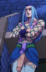 1boy alternate_color blue_hair clothed edit fishnets jojo's_bizarre_adventure legs_crossed long_hair luckyshazo male_focus male_only narciso_anasui open_mouth penis penis_out penis_under_clothes solo_male stone_ocean veiny_penis