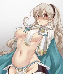 1girls alternate_costume amor arm_guards armor bangs bare_thighs blouse blue_cape blush breast_curtains breasts cape collar corrin_(fire_emblem) corrin_(fire_emblem)_(female) embarrassed female female_only fire_emblem fire_emblem_fates gloves groin hair_between_eyes hair_ornament hairband hairpin headband hi_res highres inner_thighs karashino large_breasts loincloth long_hair looking_at_viewer navel nintendo nipples open_mouth pelvic_curtain pointy_ears red_eyes shirt simple_background solo thighs wavy_hair white_hair wide_hips