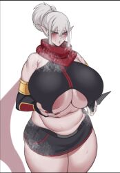 1girls big_areola big_breasts blush chubby_female dzlily elf_ears hair_bun holding_breast huge_breasts painted_nails pointy_ears scarf sharp_ears thick_thighs underboob white_hair wide_hips