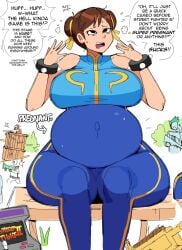 bare_shoulders big_belly brown_eyes brown_hair capcom chun-li chun-li_(fortnite) fortnite lewdlemage motion_lines pregnant simple_background simple_shading sitting street_fighter sweat sweating text tight_clothing white_background wide_hips