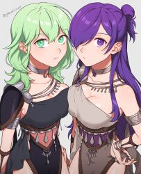 2girls absurdres alternate_costume armlet armor bangs black_dress bracelet breasts byleth_(fire_emblem) byleth_(fire_emblem)_(female) cleavage closed_mouth collar commentary_request dancer_(three_houses) dancer_outfit dress enlightened_byleth_(female) female female_only fire_emblem fire_emblem:_three_houses fire_emblem_warriors:_three_hopes green_eyes green_hair grey_background grey_dress hair_between_eyes hair_bun hair_over_one_eye hand_on_hip higher_resolution_available highres jewelry large_breasts long_hair looking_at_viewer medium_breasts multiple_girls nintendo official_alternate_costume one_eye_covered peach11_01 pelvic_curtain purple_eyes purple_hair shez_(female)_(fire_emblem) shez_(fire_emblem) shoulder_armor simple_background single_hair_bun sleeveless sleeveless_dress strapless strapless_dress twitter_username very_long_hair