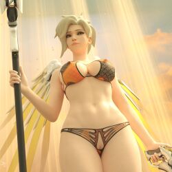 1girls 3d big_breasts bikini blonde blonde_hair breasts brown_eyes cleavage clouds exposed_pussy female female_only highres johntwo lingerie mercy nipples nipples_visible_through_clothing overwatch pale-skinned_female pale_skin solo solo_female translucent_clothing