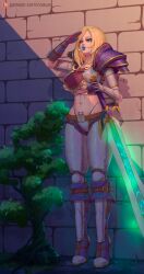 abs armor blonde_female blonde_hair blonde_hair blue_lipstick female female_only kathy_monsella lipstick mascara midriff noaqin oc original original_character solo solo_female solo_focus sword tattoo warcraft world_of_warcraft wow