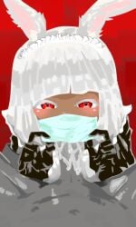 alyssciel black_gloves blowjob bunny_ears commission cosplay covered_mouth cum fellatio_under_mask g-chan grey_penis heart-shaped_pupils library_of_ruina lobotomy_corporation mask myo_(lobotomy_corporation) project_moon red_background tagme tan_skin white_hair youtuber