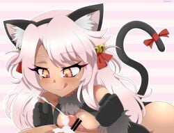 1boy 1girls animal_ear_fluff animal_ears ass bar_censor bell breasts censored chloe_von_einzbern cum dark_skin drawfag emiya_shirou fate/kaleid_liner_prisma_illya fate_(series) female hair_bell hair_ornament jingle_bell long_hair male naizuri paizuri penis pink_hair small_breasts striped striped_background tail tongue tongue_out yellow_eyes