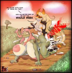 1futa 1girls 2022 absurd_res anthro big_ass big_breasts blonde_hair cloud commission cum cum_inside detailed_background dialogue digital_media dragon dragon_girl elisalevin excessive_cum futa_on_female futanari grass horns huge_breasts long_hair multicolored_body naked outside pink_hair pink_nipples scalie sex sky small_breasts spanking text tree