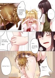 2girls aihara_mei aihara_yuzu black_hair blonde_hair blush bow citrus_(saburouta) comic crying desperation embarrassed female female_only green_eyes humiliated messing multiple_girls panties scat shitting shumiao skirt soiling soiling_underwear text_bubble trembling