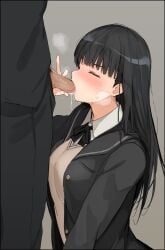 1boy amagami ayatsuji_tsukasa black_hair blush closed_eyes cum fellatio female long_hair mobu oral saliva school_uniform straight