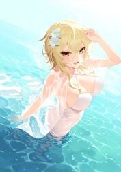 arm_up armpits arms_behind_head big_breasts blonde_hair breasts flower flower_in_hair genshin_impact hair_ornament ia_(ias1010) lumine_(genshin_impact) orange_eyes water wet_clothes white_dress wide_hips