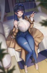 1girls :d absurdres blue_eyes blue_hair boros_(ouro_kronii) breasts coat curvy denim female hair_intakes highres hololive hololive_english hololive_english_-council- hololive_english_-promise- jeans large_breasts legs light-skinned_female light_skin long_hair looking_at_viewer mature_female milf mouth_hold multicolored_hair off_shoulder official_alternate_costume ouro_kronii pants sayanestia sitting smile solo thick_thighs thighs torn_clothes torn_jeans torn_pants two-tone_hair v very_long_hair virtual_youtuber