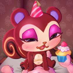 :3 animal_crossing anthro bed birthday birthday_sex blue_eyes blush bodily_fluids chibi clothing cowgirl_position cum cum_in_pussy cum_inside cupcake feeding female first_person_view food from_front_position furniture genital_fluids genitals hat headgear headwear hi_res human human_on_anthro interspecies makeup male male/female mammal nintendo on_bottom on_top party_hat pawpads pecan_(animal_crossing) pussy rodent sciurid sex simski size_difference smaller_female sweat swirl_pattern vaginal_penetration video_games villager_(animal_crossing)