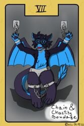 anthro ball_gag black_body black_fur blue_body blue_eyes blue_fur bondage bound chains chastity_belt chastity_device chubby_anthro cuff_(restraint) dragon eyewear fur gag glasses hi_res iron_cuffs koziu_(artist) metal_cuffs paws restraints solo tail_tuft tarot tarot_card tarot_deck the_chariot_(tarot) tuft wings