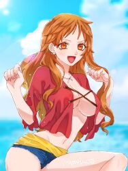 1girls arms_up big_breasts blue_shorts blurry_background breasts brown_eyes cleavage clouds cosplay crossplay curvy female female_only inner_sideboob long_hair masaru_cos masaru_cos monkey_d_luffy_(cosplay) nami one_piece open_shirt orange_hair post-timeskip red_shirt shirt short_shorts shorts skimpy skimpy_clothes sky solo straw_hat thick_thighs topless_cosplay tummy yellow_sash