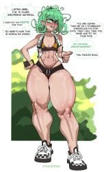 1girls abs angry backpack bag blush bottomwear clothing dialogue earrings electronics english_text eye_contact female female_only flat_chest footwear green_eyes green_hair human looking_back minishorts one-punch_man pale_skin piercing shorts solo solo_female speech_bubble standing streachybear tatsumaki text thick_thighs topwear tsundere