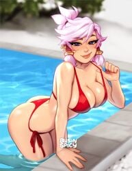 big_ass big_breasts big_butt blushypixy blushyspicy bra freckles kaye_(blushypixy) looking_at_viewer oc original original_character pink_hair purple_eyes purple_hair spicy_quest tomboy