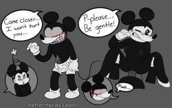 balls_under_clothes black_and_white black_body black_fur blood blood_on_face blush breasts completely_naked completely_nude completely_nude_female creepypasta crying_blood erection gloves hands_on_legs laying laying_down mammal mickey_mouse minnie_mouse mouse nightmare_husbando no_eyes penis_in_pussy penis_out precum public_domain shoes shorts simple_background smile smiling sohornyraccoon standing suicide_mouse_relapse suicide_mouse_relapsed suicidemouse.avi surprised sweat sweatdrop sweating tagme tail text text_bubble watermark