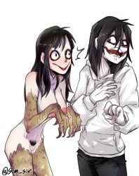 1boy1girl areolae big_breasts black_hair blush breasts creepypasta female jeff_the_killer long_hair looking_at_another male momo_(creepypasta) monster_girl nipples nude pale_skin pubic_hair pussy smile standing