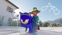 3d anthro arms_behind_head ass avian blender clothes feet foot_fetish footjob footjob_with_legwear hawk hedgehog jeans jet_the_hawk sonic_(series) sonic_the_hedgehog