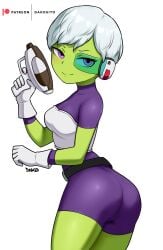 1girls ass battle_armor battle_armor_(dragon_ball) bodysuit breasts cheelai dako dakosito dragon_ball dragon_ball_super dragon_ball_super_broly dragon_ball_super_super_hero female female_only frieza_army_armor frieza_battle_armor green-tinted_eyewear green_body grey_hair gun purple_eyes scouter short_hair shounen_jump small_breasts solo solo_female standing tinted_eyewear very_short_hair