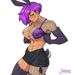 1girls 2022 animal_hands animal_legs big_breasts bikini bunny_ears bunny_girl bunny_tail female female_only looking_at_viewer muscular muscular_female naeru_(mrolas) narrowed_eyes purple_hair shardanic shorts smiling_at_viewer solo solo_female thick_thighs whisker_markings white_background