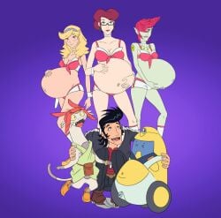 3girls alien belly big_belly big_breasts blonde_hair bra breasts cleavage female glasses green_skin hand_on_belly honey_(space_dandy) panties pink_hair plus1b pregnant red_hair scarlet_(space_dandy) space_dandy